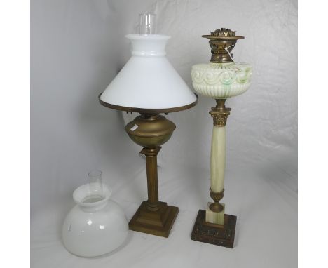 A Victorian Oil Lamp,&nbsp;uranium scrolled glass reservoir, raised on alabaster column and stepped base, H 91 cm, together w