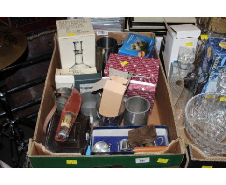 Box of pewter tankards, Dartington decanter, camera, flask, etc .