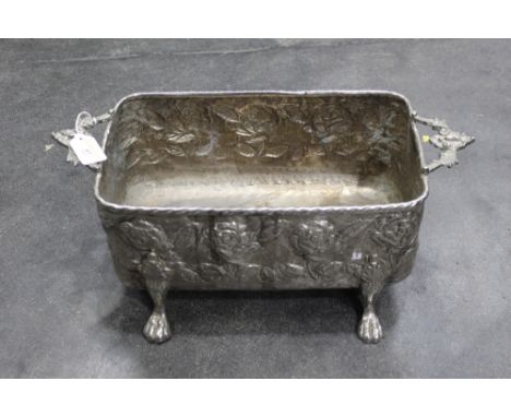 Floral embossed white metal planter, length 50 cm, width 28 cm, height 20 cm