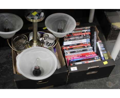 2 boxes of DVDs, light fitting, mugs, etc. 