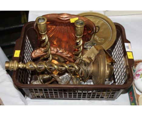 Box of brassware, lamp, trays, crumb tray, candlesticks, etc. 