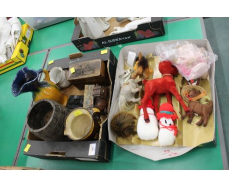 vintage Christmas ornaments and box of jugs, cigarette box,etc. 