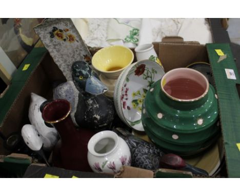 Box of vases, Spode bowl, wooden duck etc
