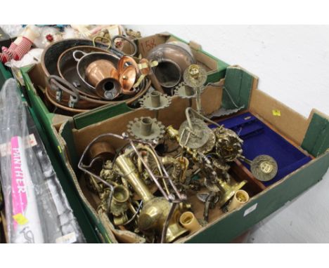Two boxes of brass and copperware, light fittings, kettle, bowls etc