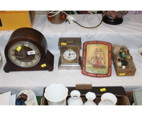 2 vintage mantle clocks, wall clock and box of vintage perfume bottles 