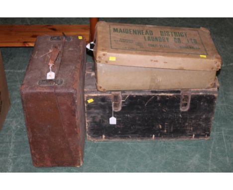 A Virginia Curtis leather vintage case, Maidenhead District Laundry Co box and a wooden crate