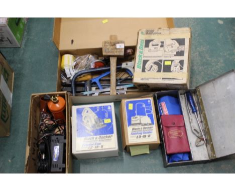 Boxes of tools, to include mallet marked "This is not a hammer, no nails, nothing sharp"