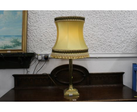 Brass effect column table lamp with shade 