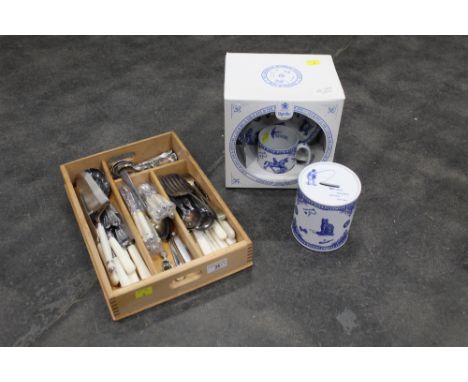 Spode money box, Spode cup and saucer and cutlery tray and cutlery 