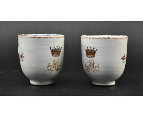 First Period Worcester - a pair of late 18th century circa 1770 porcelain armorial tea cups. Each cup decorated with gilt rim