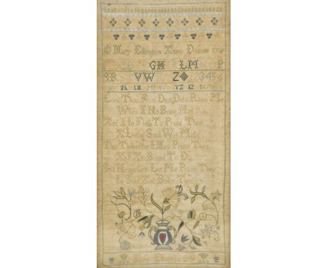 An early 18th century needlework framed sampler by Mary Ellington. The sampler of rectangular form with religious passage and