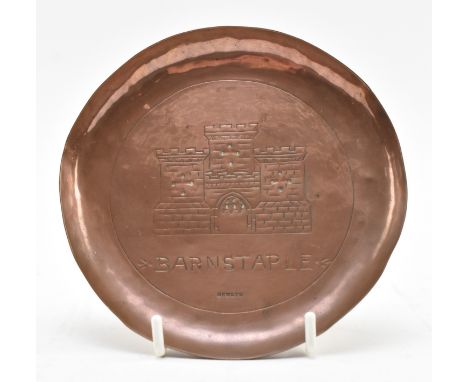 Newlyn Copper - a Newlyn Cornish embossed copper trinket dish plate. The dish of circular form and raised rim. Embossed with 
