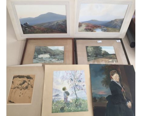 A quantity of pictures to inc landscape watercolours, prints after Aldin, portrait of a lady etc