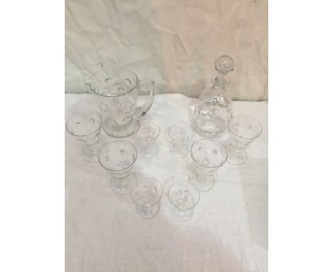 Webb crystal glasses; together with decanter and jug with print design