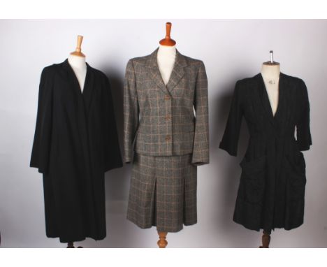 An early 20th Century black silk velvet waistcoat; together with a 1940s tweed jacket and skirt, a black 1950s Army & Navy St