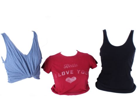 A Bailey black cotton long sleeved T-shirt, a Zion Vintage brown t-shirt with Bob Marley logo, a blue cotton vest top, a Jame