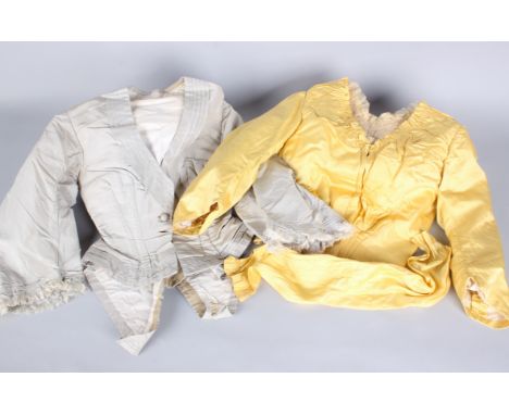A 19th Century yellow satin silk bodice and sash by Green & Co. of Exeter; with a grey taffeta 19th Century bodice and oversk