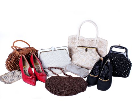 A collection of ladies vintage bags and shoes, including: a pair of 1970s black Gucci court shoes, a pair of red 1960s  K sho