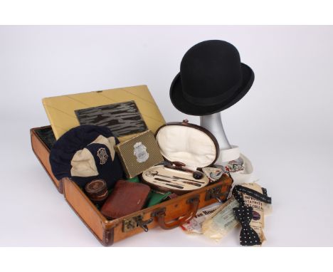 A 1950s Samsonite train case with a hard plastic handle, a silk sash from The Ancient Order of Foresters, a compass, thermome