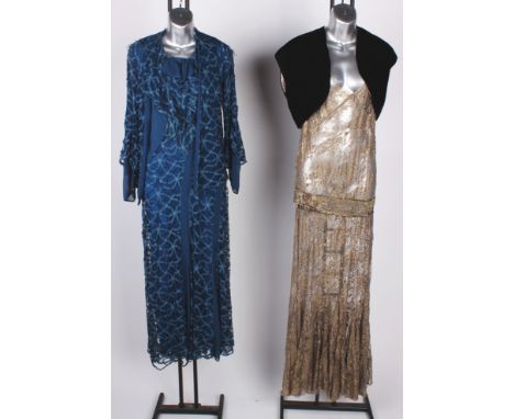 A 1930s gold metallic lace full-length evening gown with bead and pearl waistline sash; together with a black silk velvet bol