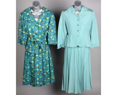 A 1940s brown dress and matching jacket with a leather corsage, a turquoise grosgrain suit, a Clifton floral jacket with matc