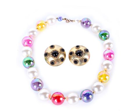 A 1980s beaded pearl necklace in shades of yellow, green, purple and pink; and a pair of 1980s Butler & Wilson black and gold