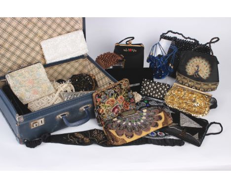 An Austrian petit point bag with gold coloured clasp and chain handle, a colourful beaded evening clutch bag, a small bead so