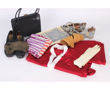 A collection of ladies accessories, including: a Christian Dior silk scarf, a pair of Charnos 1960s silver Lurex seamless sto