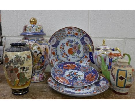 Oriental items including plates, vases, ginger jar and a Faberge Egg Imperial teapot (8)