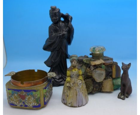 A mineral sample set inkwell, a carved stone figure, an enamelled ashtray, etc., (5)