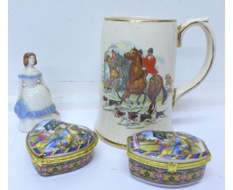 A Wade figure Rachel, a Sadler tankard decorated with a hunting scene and two oriental pill boxes