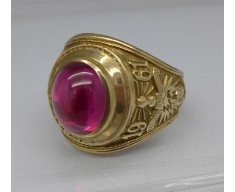 A 9ct gold and cabochon ruby graduation style ring, 1961 Atom Smashers, 12.6g, U