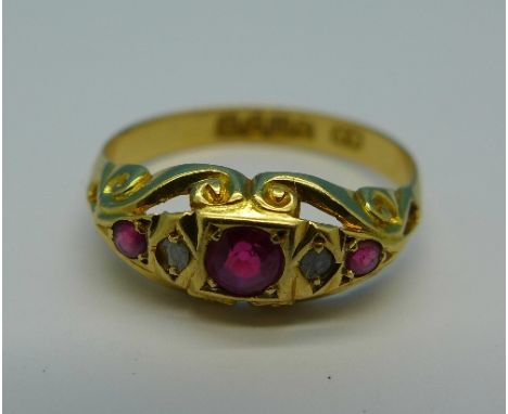 An 18ct gold, ruby and diamond ring, Chester 1906, 2.2g, Q