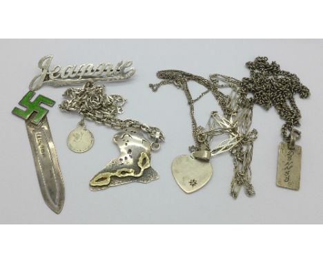 A silver name brooch, Jeannie, Birmingham 1900, a silver and enamel bookmark, a/f, an Africa shaped pendant, other pendants a