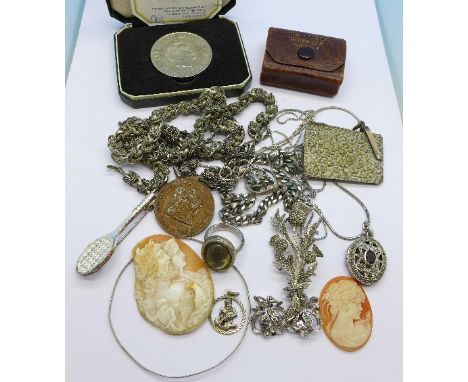 Silver and white metal jewellery, a Zambia 1965 Anniversary of Independence coin, miniature book, etc.