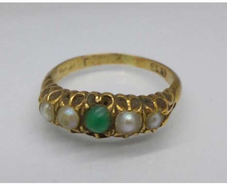 An 18ct gold, seed pearl and green stone ring, 4.0g, P, hallmark worn, possibly Birmingham 1897