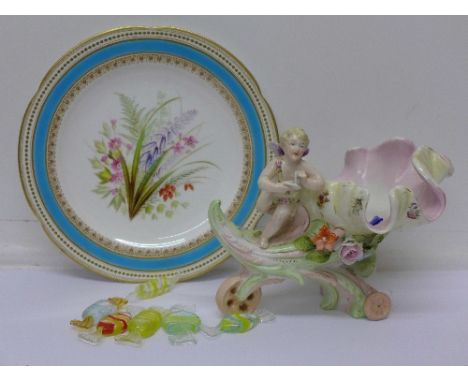 A hand painted cabinet plate, possibly Royal Worcester, 8997 painted mark to base, a collection of glass sweets and a contine