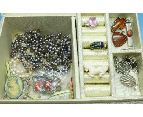 A jewellery box and jewellery, including silver jewellery, faux pearl necklaces, etc.