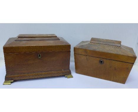 A mahogany tea caddy, gilt metal handles on four gilt metal feet and a sarcophagus shaped walnut tea caddy, both a/f