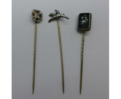 Three silver stick pins including Pietra Dura and Scottish, one a/f