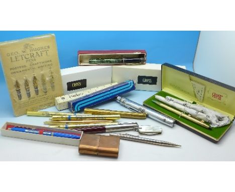 A collection of writing equipment; pens, pencil, nibs, including Cross, Swan and Parker, Cross biro refills, a copper cased l