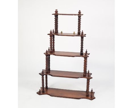 VICTORIAN WALNUT FIVE TIER MURAL WHAT-NOT, with shaped, graduated shelves and bobbin turned supports, 41 ½? (105.4cm) high, 2