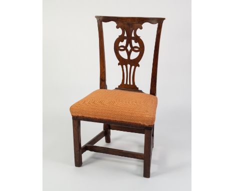 ANTIQUE COUNTRY ELM SINGLE DINING CHAIR, with pierced splat and padded seat, covered in red and orange fabric, and raised on 