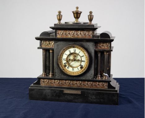 VICTORIAN PRESENTATION BLACK SLATE LARGE MANTLE CLOCK, the 5? white Roman two part dial with visible brocot escapement, power