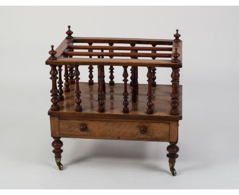 VICTORIAN LINE INLAID AND FIGURED WALNUT MUSIC CANTERBURY, of typical form with three divisions and turned supports to the op
