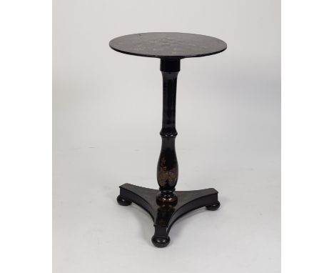 VICTORIAN BLACK LACQUERED, GILT PAINTED AND MOTHER OF PEARL INLAID TILT TOP OCCASIONAL TABLE, the circular top set for chess 