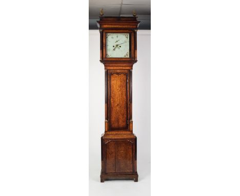 EIGHTEENTH CENTURY PENWORK AND MAHOGANY CROSSBANDED OAK LONGCASE CLOCK SIGNED THO(MA)S BENBOW, NORTHWOOD, the 12? painted dia