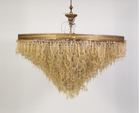 IMPRESSIVE, MODERN SEVENTEEN LIGHT ELECTROLIER, comprising of numerous shaped and gilt dusted glass drops suspended from twen