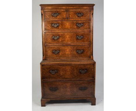 MODERN EIGHTEENTH CENTURY STYLE CROSSBANDED AND BURR WALNUT TALLBOY CHEST, the moulded top above two short and three long, gr