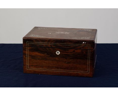 VICTORIAN ROSEWOOD AND MOTHER OF PEARL INLAID SEWING BOX, of typical form, the exterior with pin lock shallow, fitted and lin